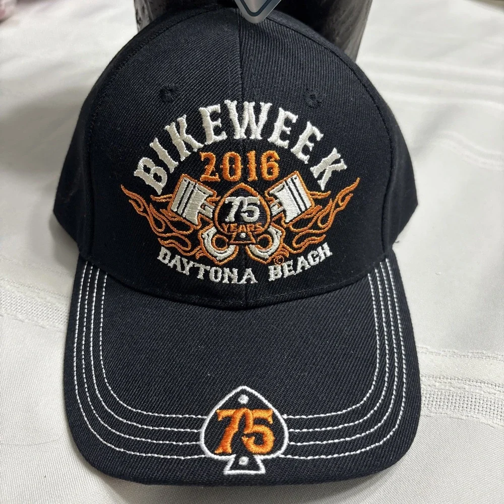 1 DAYTONA BEACH‎ BIKE WEEK HAT 2016 ADJUSTABLE TRUCKER HAT BLACK ORANGE 75 YEARS